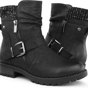 New Women’s Combat Side Zipper Buckle Ankle Booties, Black, Size 9